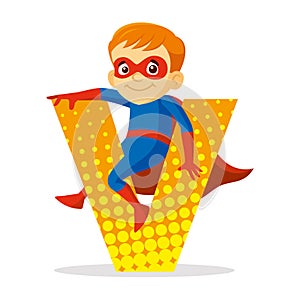 ABC Letter V Superhero Boy Cartoon character Vector illustration