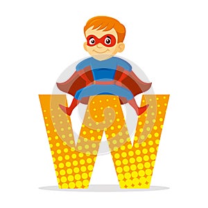 ABC Letter W Superhero Boy Cartoon character Vector illustration