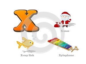 ABC letter X funny kid icons set: X-mas, x-ray fish, xylophone