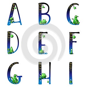 ABC letters. Christmas alphabets. Santa house with snow xmas tree gifts snowman. Winter night sky gradient characters.