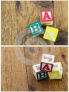 Abc letters wooden background spelling