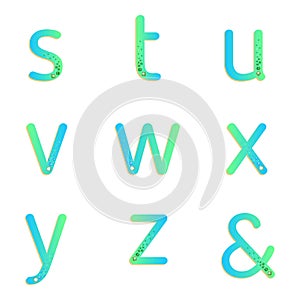 ABC lowercase letters with gemstones. Turquoise blue gradient alphabet with gems. Vector illustration alphabets for gems jewelry.