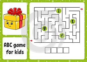 ABC maze for kids. Rectangle labyrinth. Christmas theme. Activity worksheet. Puzzle for children. Cartoon style. Logical conundrum