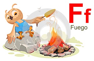 ABC spanish alphabet letter f fuego. Owl making popcorn corn on fire photo