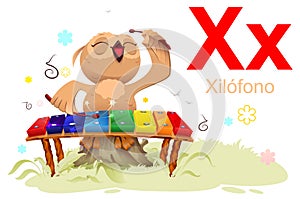 ABC spanish alphabet study letter X xilofono language xylophone translation. Owl musician cute drawing photo