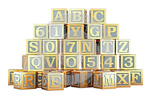 ABC Wooden Blocks- Alphabet Letters and Numbers Learning Block Set. 3D rendering