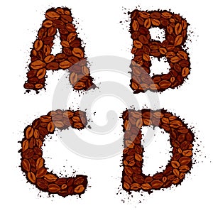 ABCD, english alphabet letters, made of coffee beans, in grunge