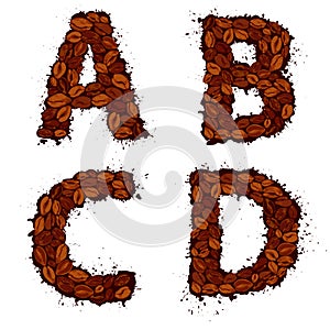 ABCD, english alphabet letters, made of coffee beans, in grunge photo