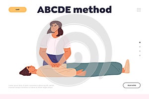 Abcde method concept of landing page with woman doing indirect heart massage for breathless man