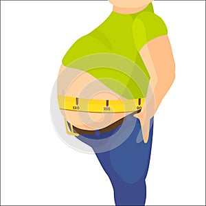 Abdomen fat, overweight man with a big belly and measure tape around waist against. Vector illustration
