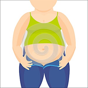 Abdomen fat, overweight woman with a big belly. Vector illustration