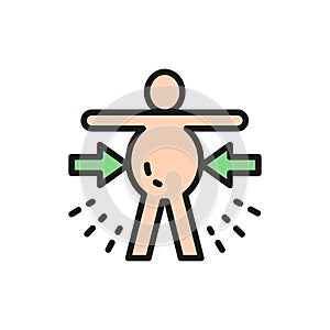 Abdominal distention, obesity, stomachache flat color line icon.