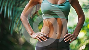 Abdominal muscles of fit fitness woman in green top