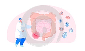 Abdominal Pain, Gastrointestinal System Disease. Doctor or Medic Character Stand at Huge Human Intestines