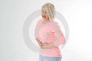 Abdominal pain. Middle aged woman with stomach pain. Menopausal woman with stomach-ache. Healthy and happy menopause lifestyle.