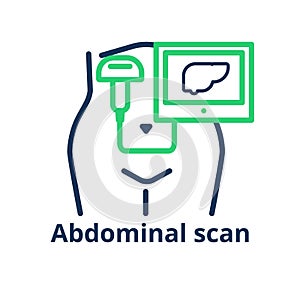 Abdominal scan icon. Illustration of the female tummy with ultrasound probe capturing the liver photo