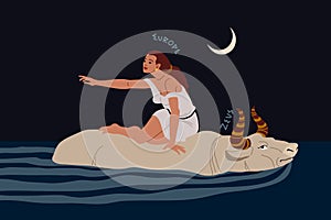 The abduction of Europe. A pretty woman floating on the back of a white bull. Ancient Greek myth.