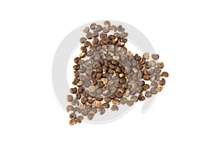 Abelmosk or Abelmoschus moschatus dried seeds arranged heart shape isolated on white background.top view,flat lay