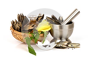 Abelmosk and oil isolated on white background