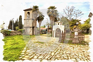 Abhazia. Territory ancient  temple of Dormition of most Holy our Lady is in a village Lykhny. Imitation of a picture. Oil paint.