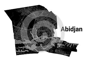 Abidjan, Cote d\'Ivoire map. Detailed black map of Abidjan city poster with roads. Black land with white