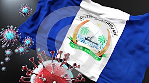 Abidjan and covid pandemic - virus attacking a city flag of Abidjan as a symbol of a fight and struggle with the virus pandemic in