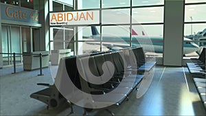 Abidjan flight boarding now in the airport terminal. Travelling to Ivory Coast conceptual intro animation, 3D rendering