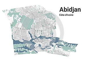 Abidjan map, capital city of Cote d\'Ivoire. Municipal administrative area map with rivers and roads, parks and railways