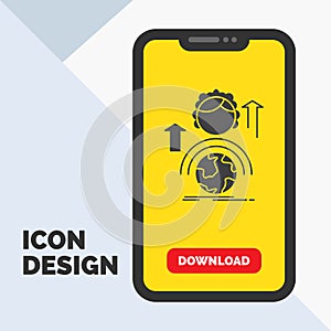 abilities, development, Female, global, online Glyph Icon in Mobile for Download Page. Yellow Background