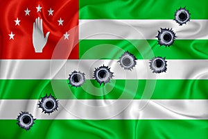 Abkhazia flag Close-up shot on waving background texture with bullet holes. The concept of design solutions. 3d rendering