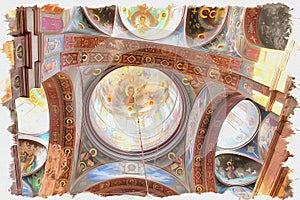 Abkhazia. New Athos Simon the Zealot Monastery. Ceiling of temple. Imitation of a picture. Oil paint. Illustration