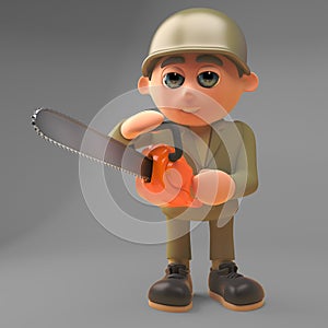 Able bodied army soldier using a chainsaw, 3d illustration