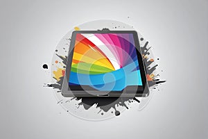 ablet computer with colorful paint splashes on grey background