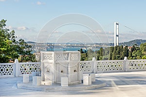 Ablution Fountain In The Mosque And the Bosphorus Bridge In The Background, Istanbul, Turkey