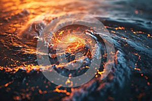 Abnormal wave swirl and fire in ocean, natural catastrophe wallpaper background