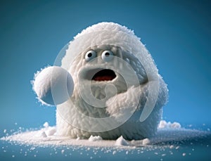 An Abominable Snowman rolling a snowball with its furry hands. Cute creature. AI generation