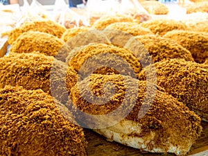 Abon or Meat Floss Sweet Bread on The Table Top Counter Display at Bread Store in Culinary Center.