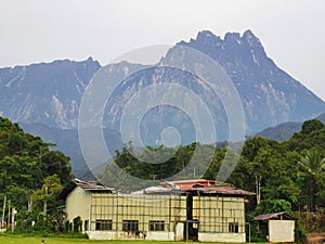 Abondoned house on green grass field with mountain background.