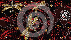 Aboriginal art background with dragonfly, Landscape