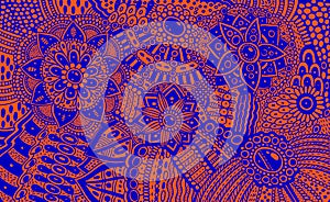 Aboriginal art. Flower ornament with patterns and leaves. Orange and dark blue colors. Boho tribal surreal colorful background.