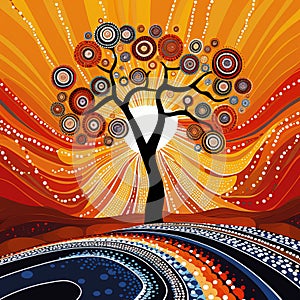 Aboriginal art  painting with tree and sun illustration with dot background