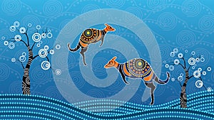 Aboriginal art vector painting with kangaroo. Based on aboriginal style of landscape dot background.