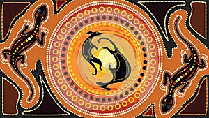 Aboriginal art vector painting with kangaroo and lizard.