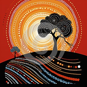 Aboriginal art vector painting with tree and sun illustration with dot background