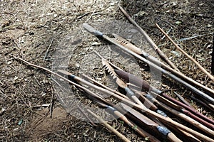 Aboriginal Australians weapons on the ground in Cape York Queensland Australia