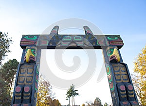 Aboriginal carving totem pole arch gate in Nanaimo, Canada