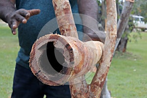 Aboriginal didgeridoo craftsman making Didgeridoo