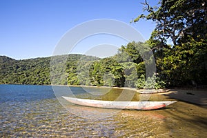 Aboriginal fishing boat, in the bay, Nosy Mangabe, Madagascar