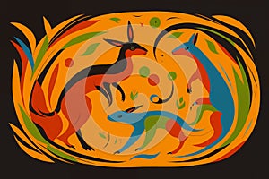 Aboriginal-Inspired Vector Art Painting of Kangaroo and Lizard