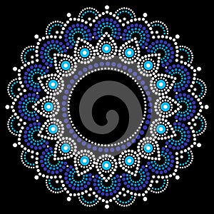 Abstract mandala with dots, circles, ethnic Australian geometric composition in white and turquoise on black background